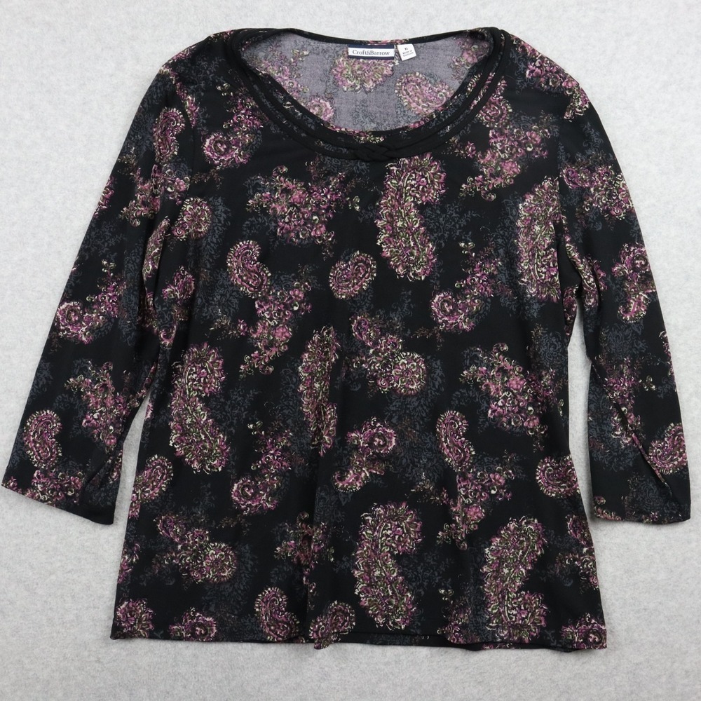 Croft & Barrow Top Womens XL Scoop Neck‎ Blouse Black Purple Paisley 3/4 Sleeve